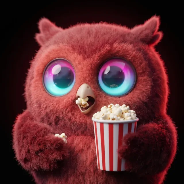 The red, fluffy Dizzie owl eating popcorn